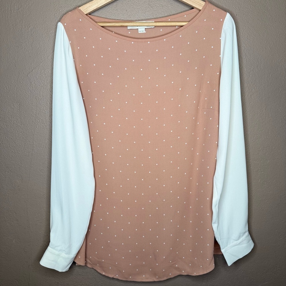 Loft Peach & Cream Polka Dot Long Sleeve Blouse Size Medium Feminine Baddie Chic